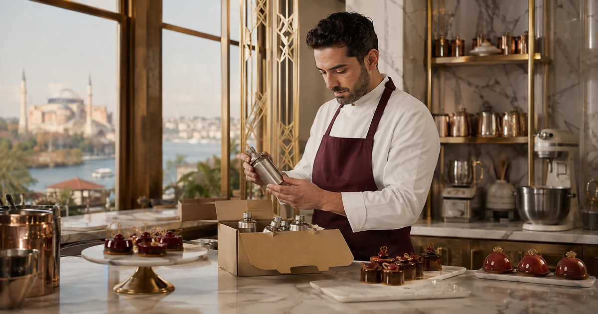 Pastry chef inspecting a sealed culinary delivery in an elegant Istanbul patisserie