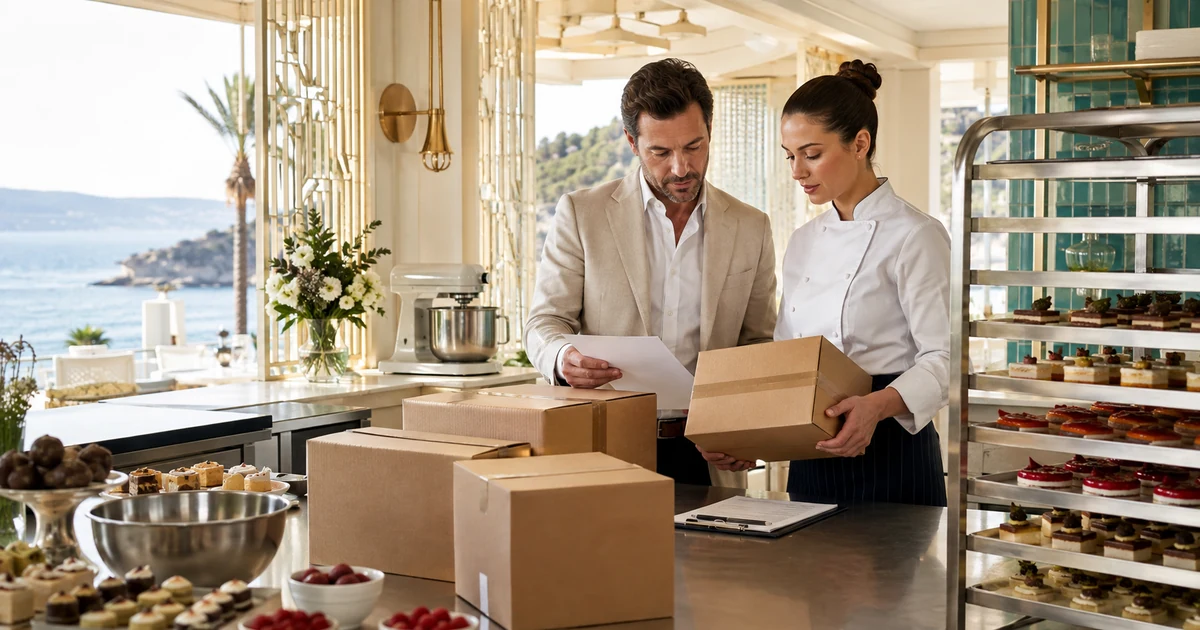 Resort pastry team checking sealed culinary supplies and a delivery schedule