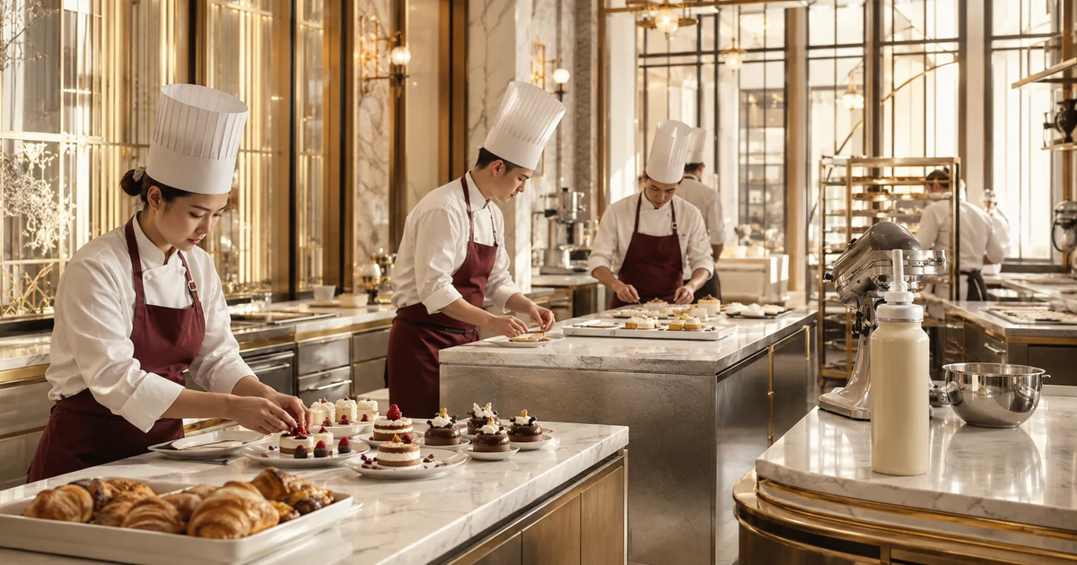 Hotel pastry chefs preparing a high-volume breakfast and banquet dessert service
